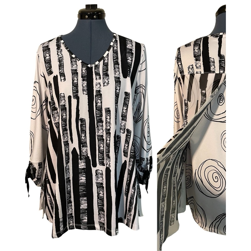 Multiples Black White Stripe Abstract Asymm‎ Tunic Split Back Overlay Boho Art M